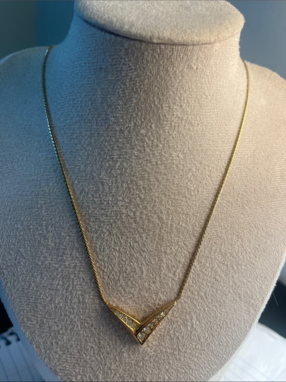 Christian Dior Gold V-Shaped Crystal Pendant Necklace